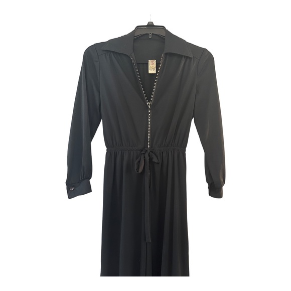 Black Rhinestone Sequined Teeth Zipper Jump Suit Double Knit Wide Leg 1970's - Picture 2 of 11